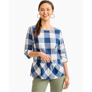 Southern Tide Jillian 100% Cotton Navy & White Gingham Check Peplum Top Size 6